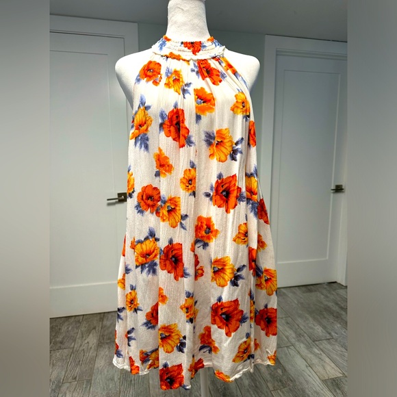 Umgee Botanical Print Mixed Trim Tunic Top